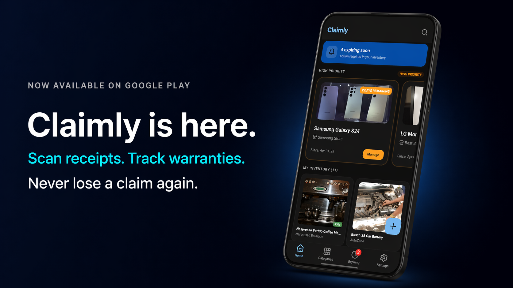 Claimly Is Now on Google Play: Warranty Tracker That Scans Receipts