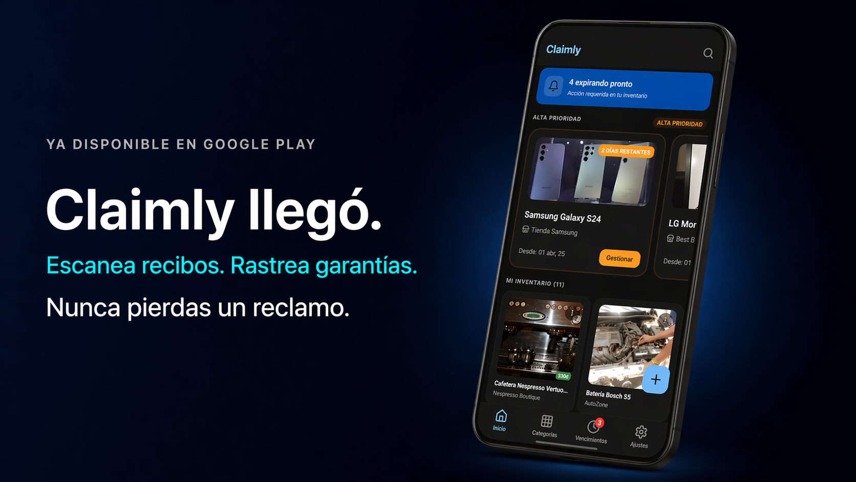 Claimly ya está en Google Play: rastreador de garantías con OCR